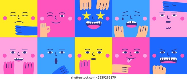 Square faces with emotion collection. Cute hand drawn doodle flat style people emoji icons with hands showing feelings. Cartoon funny style icons set, vector illustration. Characters collection