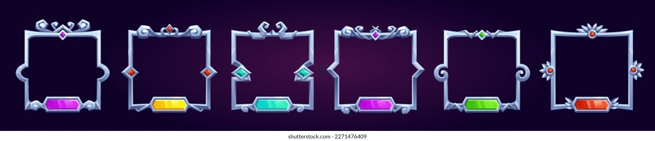 Square fantasy game user avatar border set for rpg game. Silver medieval ui button frame in vector for winner icon design on dark background. Ancient ornament rank gui asset for name title template.