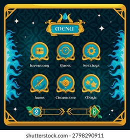 Square fantasy RPG game menu screen composition featuring an ornate gold outer frame with blue flame side accents. The menu title panel at the top reads 