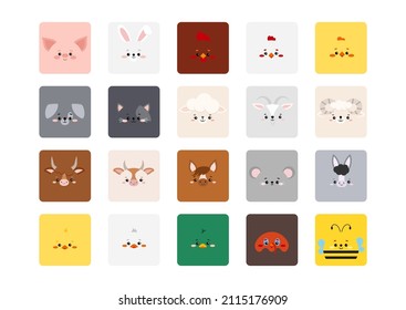 Square farm animal faces cute icon set isolated on white background. Cartoon square shape head for kawaii avatar kids character collection. Vector flat clip art illustration mobile ui game application