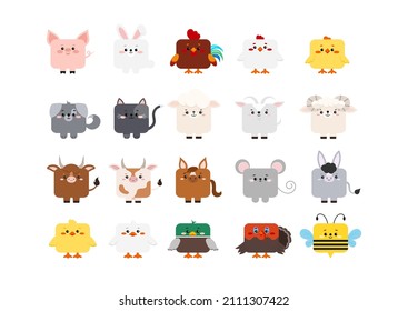 Square farm animal faces with legs set isolated on white background. Cute cartoon square shape kawaii avatar kids character collection. Vector flat clip art illustration mobile ui game application.