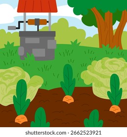 Square farm background with stone well and vegetable garden. Cabbage and carrots grow on a small field. Flat cartoon style illustration. Great for farm animal scenes or educational projects.