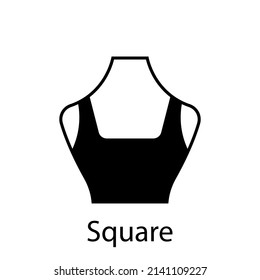 Square Of Fashion Neckline Type For Women Blouse, Dress Silhouette Icon. Black T-Shirt, Crop Top On Dummy. Trendy Ladies Square Type Of Neckline. Isolated Vector Illustration.