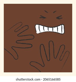 Square fashionable stylized face in horror in fright, disgust. Comic illustration of a face with disgust	
