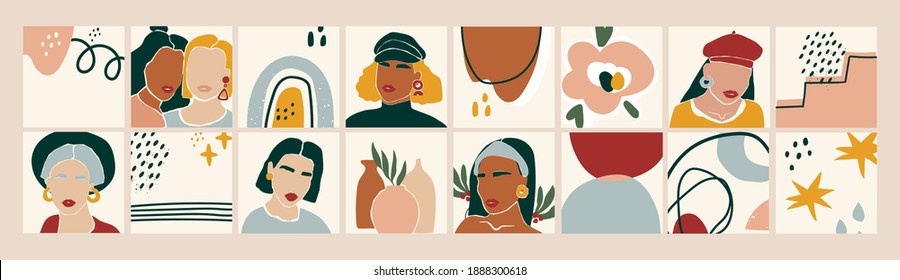 Square Female portraits, flower pots, various doodle objects. Paper cut mosaic style. Hand drawn vector Abstract illustration. Flat design. Social media icons. All elements are isolated