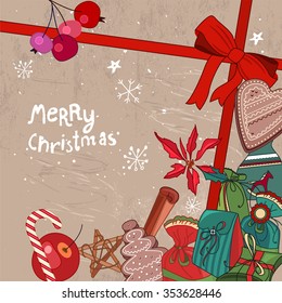 Square festive frame with fruits, cookies, berries, gift boxes and Christmas objects.  For season design, announcements, postcards, posters.