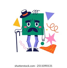 Square figure personage with walking stick and senior face. Vector cartoon character, sticker or emoji, isolated geometric shape with moustache and cap, old man with triangles and stars