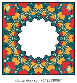 Square figured frame with a fabulous multi-colored ornament and a round jagged hole. Vector illustration