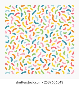 A square filled with a lively and colorful doodle confetti pattern brings a cheerful and playful vibe, perfect for creative projects and decorations. Vector abstract background.