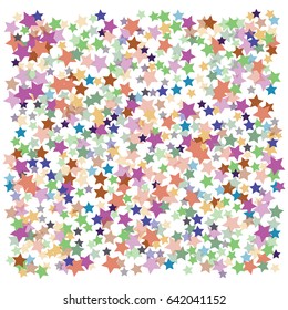A square filled with vector multicolored stars. Decorative vintage pattern with night sky objects on white. Trendy hipster star confetti design. Birthday celebration decoration, retro design elements