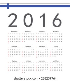 Square Finnish 2016 year vector calendar. Week starts from Sunday.