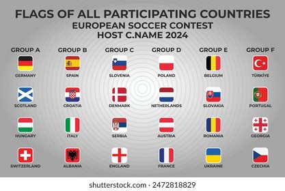 Square flags of All participating countries in european soccer contest 2024