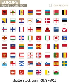 Square flags of Europe. From Albania to Wales. Vector Illustration.