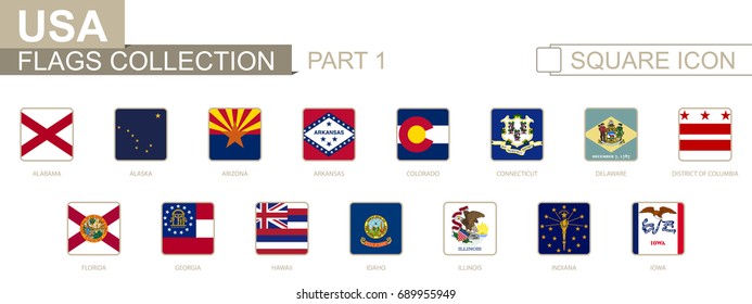 Square Flags Of US States. Part I From Alabama To Iowa. Vector Illustration.