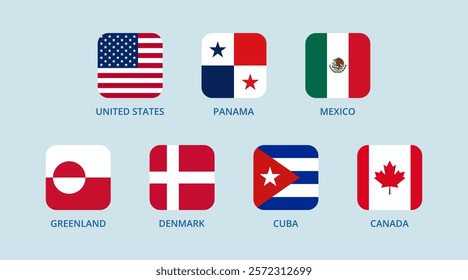 Square flags of the USA, Greenland, Panama, Canada, Mexico, Cuba, Denmark.