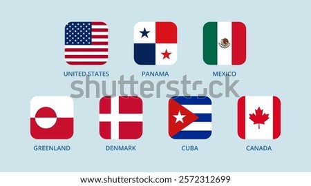 Square flags of the USA, Greenland, Panama, Canada, Mexico, Cuba, Denmark.