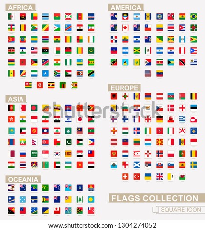 Square flags of the World, collection sorted by continents and alphabetical. Vector Illustration.