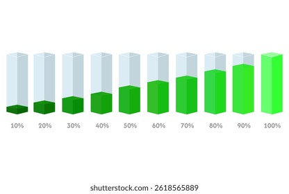 Square flasks low with percentages from 10 to 100 with green filling
Vector icons of flasks from 10 to 100 percent