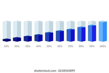 Square flasks low with percentages from 10 to 100 with blue filling
Vector icons of flasks from 10 to 100 percent