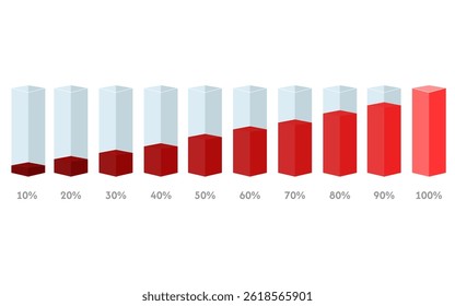 Square flasks low with percentages from 10 to 100 with red filling
Vector icons of flasks from 10 to 100 percent