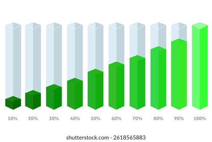 Square flasks tall with percentages from 10 to 100 with green filling
Vector icons of flasks from 10 to 100 percent