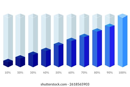 Square flasks tall with percentages from 10 to 100 with blue filling
Vector icons of flasks from 10 to 100 percent