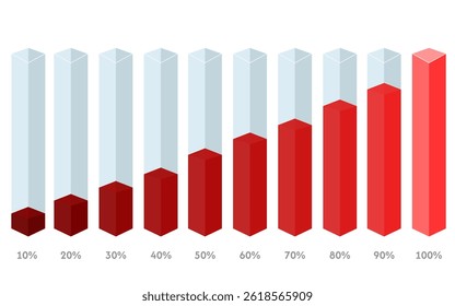 Square flasks tall with percentages from 10 to 100 with red filling
Vector icons of flasks from 10 to 100 percent