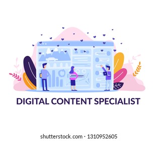 Square Flat Banner Digital Content Specialist. Vector Illustration on White Background. Men and Women Post Content on Site. Structuring Content with Help Trained Specialist.
