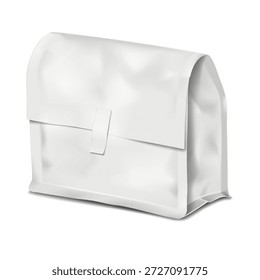Saco de fundo plano quadrado com topo dobrável e etiqueta adesiva. Modelo de vetor 3d realista. Embalagem flexível branca com bolsa de gaze branca. Maquete. Modelo para design