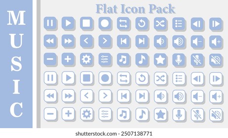 Square Flat button icon Pack - Music. play, pause, resume, repeat, shuffle, re-shuffle, list, before, next, volume, setting, microphone, silent, arrow