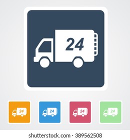 Square flat buttons icon of 24 hours Delivery Van. Eps-10.