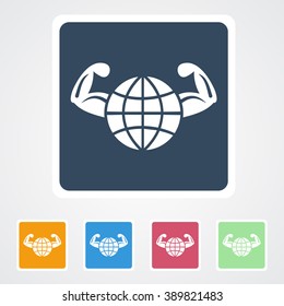 Square flat buttons icon of Globe with Hand or Healthy World. Eps-10.