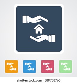Square flat buttons icon of Safe & Protected home in Hand. Eps-10.