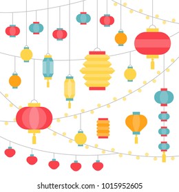 Square flat design illustration of hanging Chinese paper lantern for mid autumn festival and lunar new year