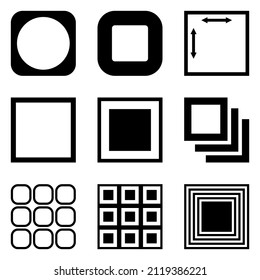 Square Flat Icon Set Isolated On White Background