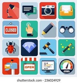 Square flat icons with long shadow, set 7