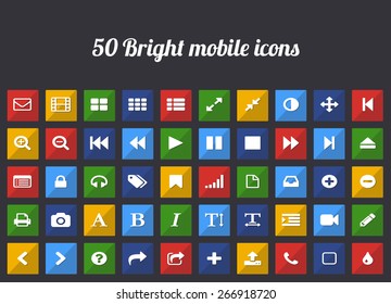 Square flat mobile or web buttons with icons. Set of 50 shadow elements of interface