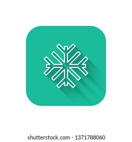 Square flat turquoise illustration with long shadow Snowflake icon. Christmas and winter theme.