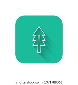 Square flat turquoise illustration with long shadow Tree vector icon. Forest symbol. Fir-tree symbol