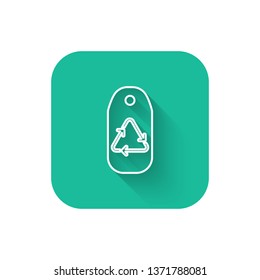 Square flat turquoise illustration with long shadow The waste processing icon on tag. Bio symbol.