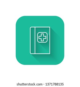 Square flat turquoise illustration with long shadow Medical book icon. Health symbol