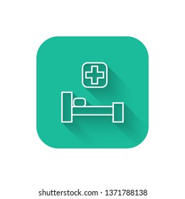 Square flat turquoise illustration with long shadow Hospital bed icon. Healthcare symbol