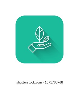 Square flat turquoise illustration with long shadow Ecology icon illustration. Planet symbol