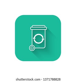 Square flat turquoise illustration with long shadow Trash bin garbage vector icon