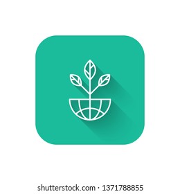 Square flat turquoise illustration with long shadow Ecology icon illustration. Planet symbol