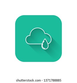 Square flat turquoise illustration with long shadow Rain vector icon. Cloud rain symbol for your web site design