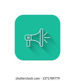 Square flat turquoise illustration with long shadow Megaphone, loudspeaker, mouthpiece symbol or icon.