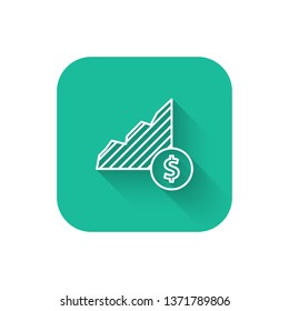 Square flat turquoise illustration with long shadow Diagram dollar icon. Graph of rising.