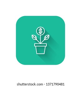 Square flat turquoise illustration with long shadow Dollar plant vector icon sign symbol. Money tree