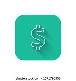 Square flat turquoise illustration with long shadow Money vector icon. Dollar. Currency symbol